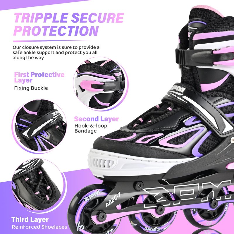 2PM SPORTS Vinal Inline Skates for Girls Boys Kids Ages 5-8 8-12 with Adjustable Illuminating Wheels, Inline Roller Skates for Youth Women Men - Purple Pink Small