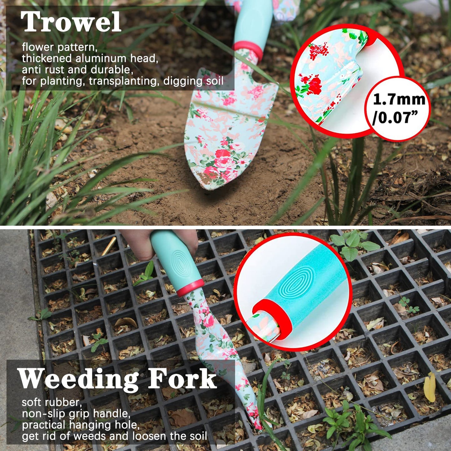 Garden Tools Set, 16 Pieces Gardening Gifts for Women & Men, Heavy Duty Floral Gardening Tools Set with Storage Bag, Ergonomic Garden Gifts Kit for Mum, Girlfriend (Green Flowers)