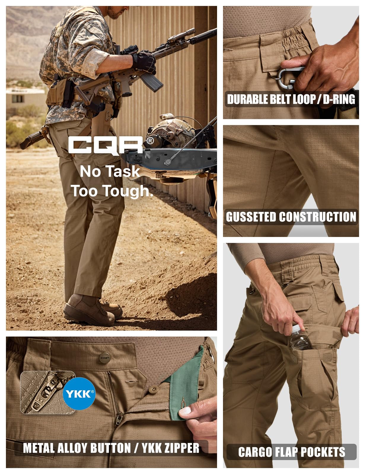 CQR Men's Tactical Pants, Water Resistant Ripstop Cargo Pants, Lightweight EDC Work Hiking Pants, Outdoor Apparel, Raider Mag Cougar, 38W x 32L