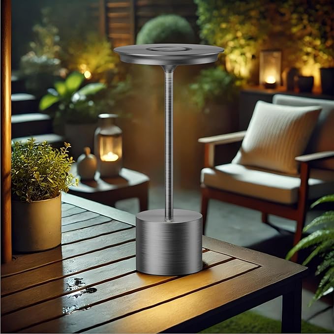 Cordless Table Lamp, Portable Rechargeable 6000mAh Outdoor Table Lamp, 3 Color Stepless Dimming Battery Powered Lamp, LED Table Light for Dinner/Restaurant/Outdoor (Gray)
