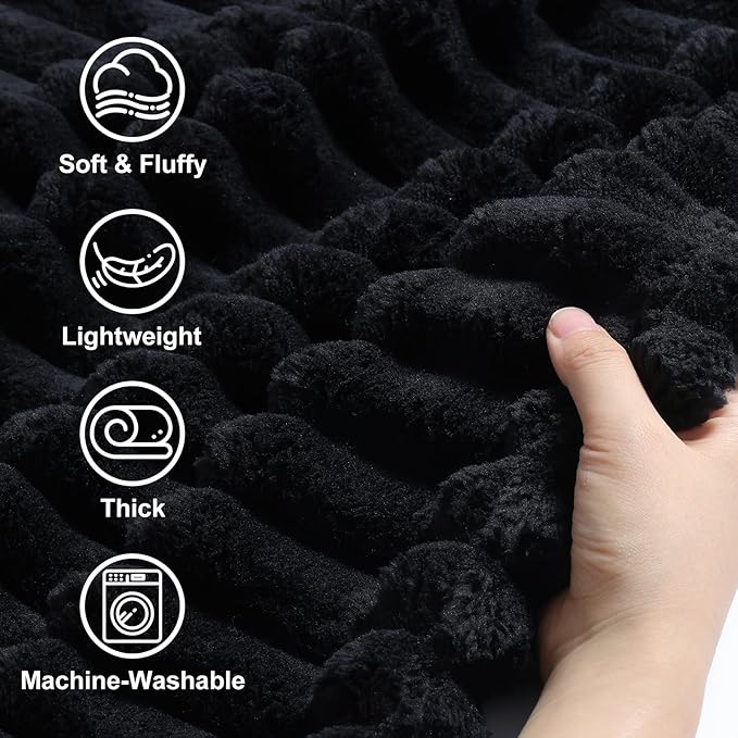 decorUhome Soft Fleece Black Twin Blanket for Bed, Cozy Fluffy Plush Flannel Striped Throws for Couch Sofa, Lightweight Decorative Ribbed Fuzzy Blanket for Woman, 60x80 Inches