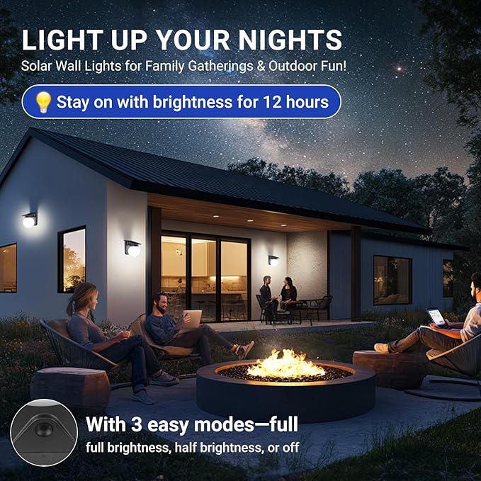 Solar Wall Lights Outdoor, 1 Pack, 3 Lighting Modes, IP65 Waterproof, Wireless Solar Powered LED Lights for Backyard, Garden, Fence, Patio, Front Door - Bright & Durable Outdoor Lighting