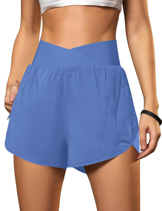Blooming Jelly Women's Workout Shorts Athletic Running Elastic High Waisted Black Gym Yoga Shorts with Zipper Pockets (Blue,Medium)