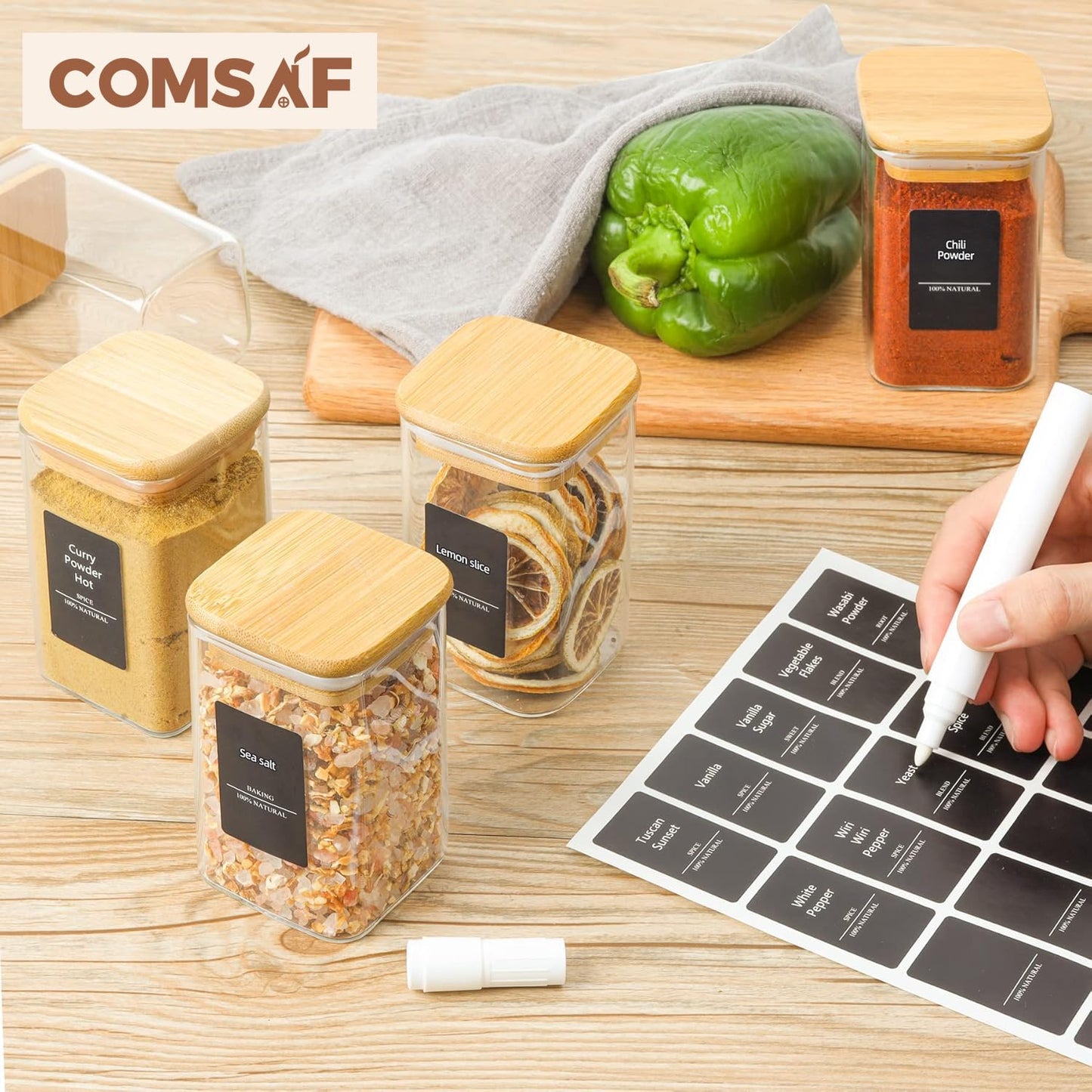 ComSaf 6Pcs 240ml Glass Spice Jars with Lids and Label, Glass Spice Bottle with Bamboo Lids Supplementary Set, Small Spice Container, Perfect for Ktichen Starter