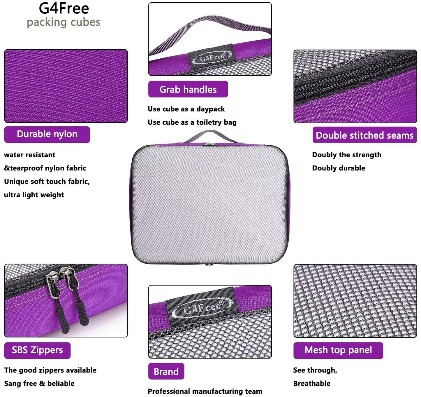 G4Free 3pcs/4pcs/6pcs/7pcs/9pcs Packing Cubes Suitcase Organiser Packing Bags Luggage Organiser Value Set for Travel Home Storage ((1S+2M+2L+1XL)-6PC, Purple)