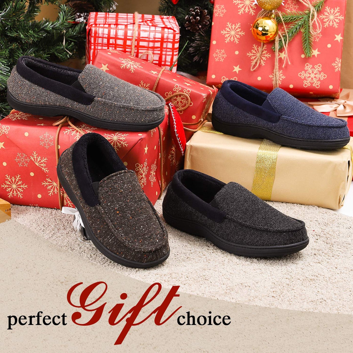 LongBay Mens Memory Foam Moccasin Slippers Plush Fleece House Slipper in Indoor Outdoor Shoes, Black 1, 10 UK