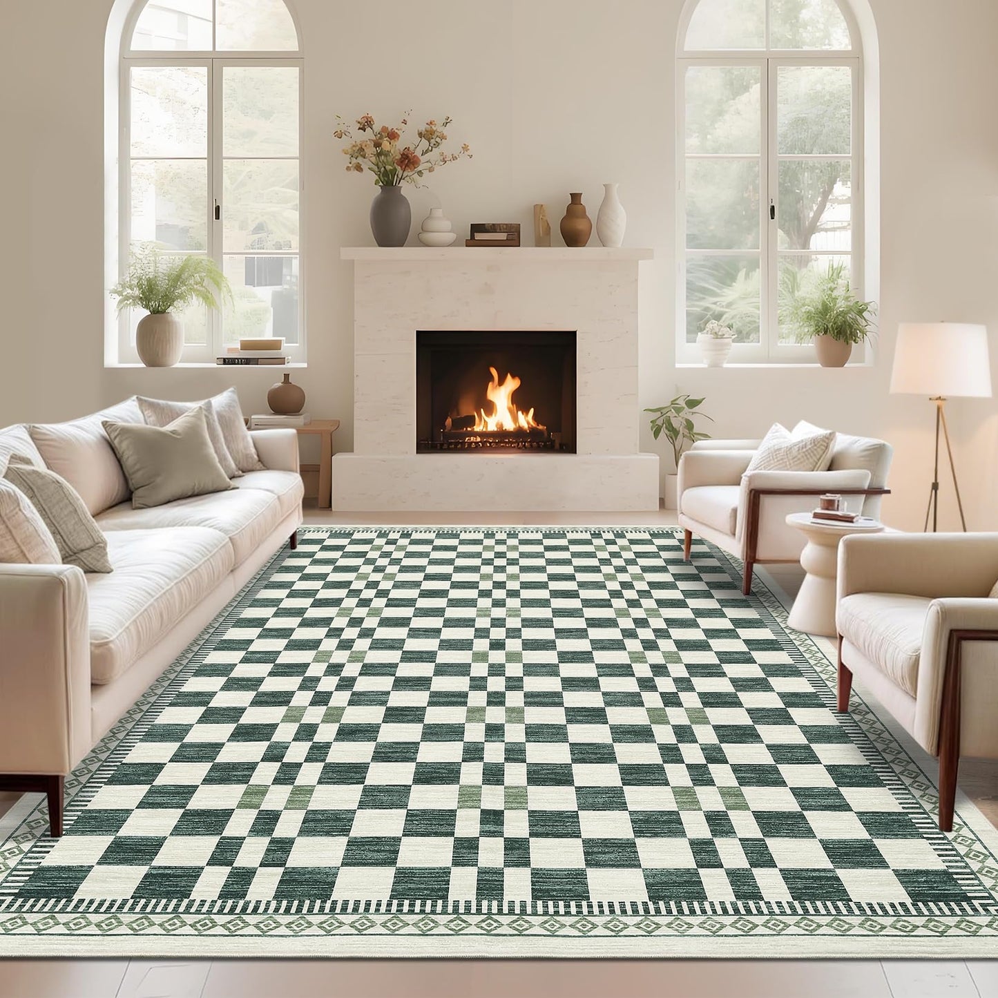 GarveeHome 5x7 Washable Rug for Living Room Contemporary Sage Green Geometric Floor Carpets Low Pile Non-Slip Nursery Room Carpet High Traffic Modern Abstract Checkered Area Rug for Bedroom