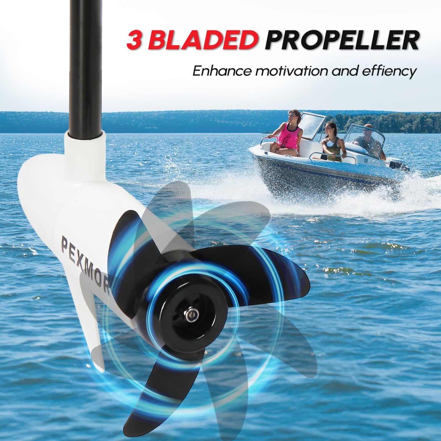 PEXMOR 8 Speed 55LB Electric Trolling Motor, Electric Outboard Boat Motor w/Adjustable Handle & LED Indicator, Transom Mounted for Saltwater, Kayak, Fishing Boat (Off-White, 55LBS)