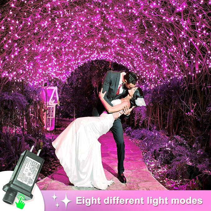 120 LED Pink Christmas Lights, 40ft Pink String Lights with 8 Modes Clear Wire Waterproof, Plug in Fairy String Light for Bedroom Valentines Day Christmas Decorations