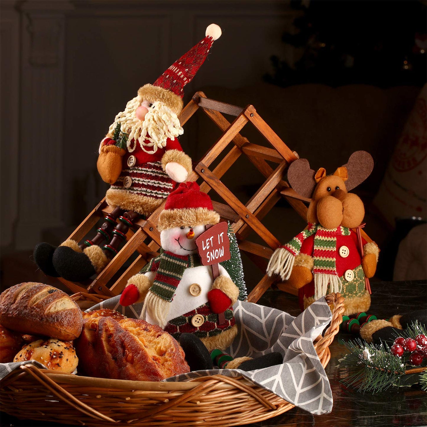 3 Pieces Christmas Sitting Santa Claus Snowman Reindeer Christmas Ornament Long Legs Table Fireplace Decor Home Decoration Christmas Figurines Plush (Santa Claus, Snowman, Elk)