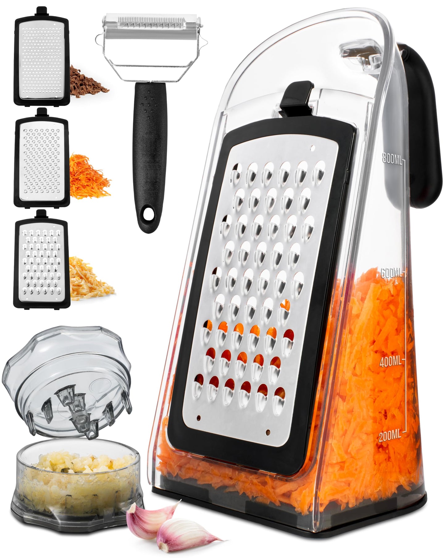 Cheese Grater with Garlic Crusher- Box Grater Vegetable Shredder with 3 Stainless Steel Blades - Graters for Kitchen- Cheese Graters with Handle - Garlic Mincer Tool and Vegetable Peeler