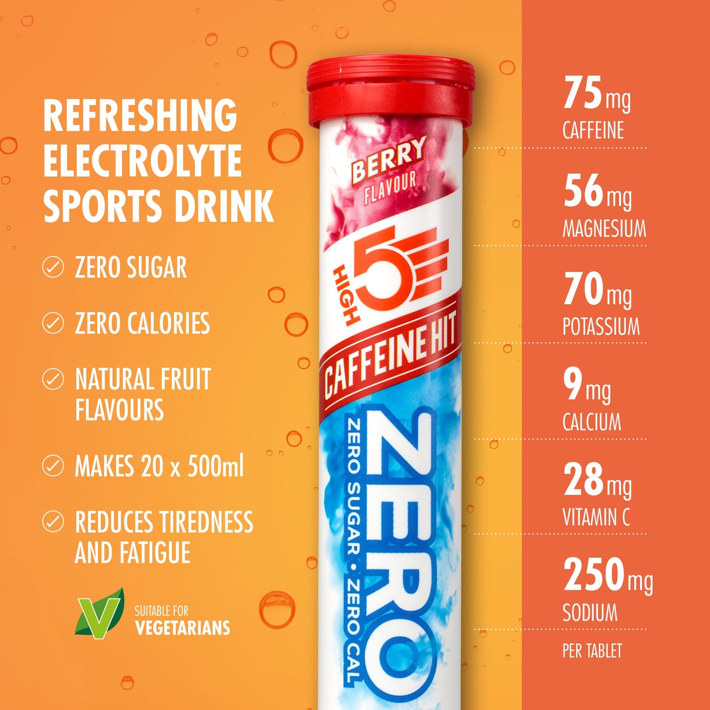 HIGH5 ZERO Caffeine Hit ElectrolyteTablet - Hydration Tablets Enhanced with Vitamin C - 0 Calories & Sugar Free - Boost Hydration, Performance & Wellness - Berry, 160 Tablets (20x, Pack of 8)