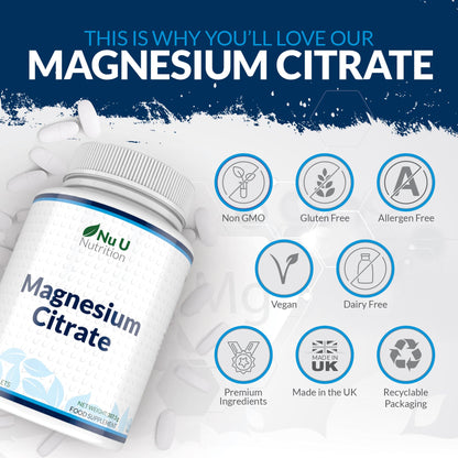 Magnesium Citrate 700mg - 180 Vegan Tablets - 6 Month Supply - 200mg of Elemental Magnesium Tablets - Made in The UK - Nu U Nutrition