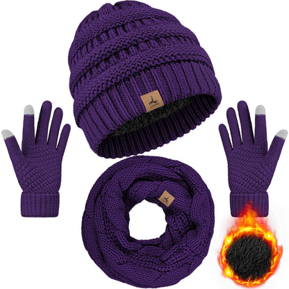 LOROME Winter Beanie Hat Scarf Gloves, Warm Fleece Knit Winter Hats Touch Screen Gloves Neck Scarf Set Winter Gifts for Women Men