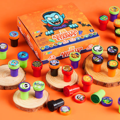 JOYIN 100 Pcs Halloween Stampers for Kids Gift, 25 Designs Assorted Plastic Stamps Bulk for Halloween Party Favors Goodie Bag Fillers, Teacher Student Stamps for Classroom Game Prizes