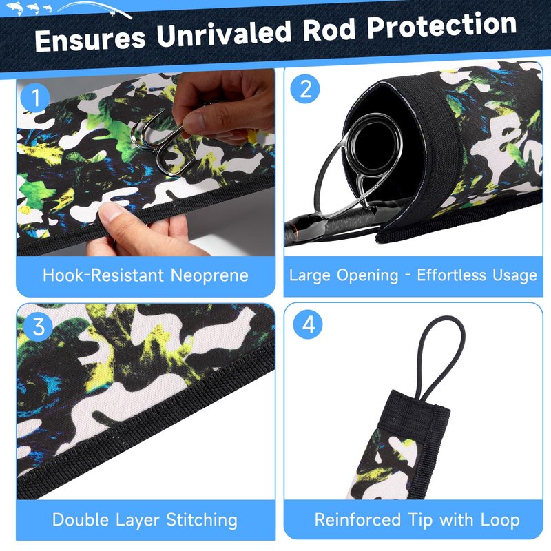 MONYES Neoprene Fishing Rod Sleeves for Casting, Spinning, Trolling Pole - Protective Cover Rod Sock with Hanging Loop & Lanyard- Floating, Puncture Resistant, Lightproof (65in, 4P)