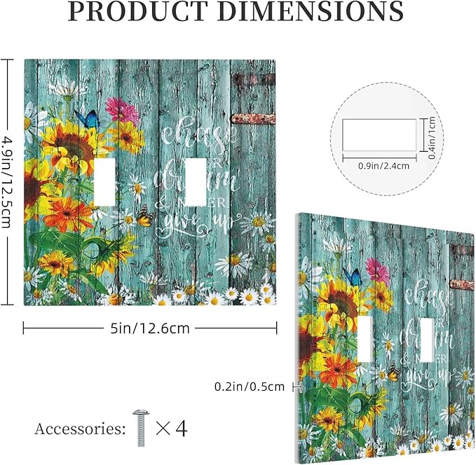 Turquoise Rustic Vintage Wood Planks Sunflower Butterfly Double Toggle Light Switch Cover Decorative 2 Gang Wall Plate Electrical Switchplate Faceplate for Farmhouse Bathroom Decor