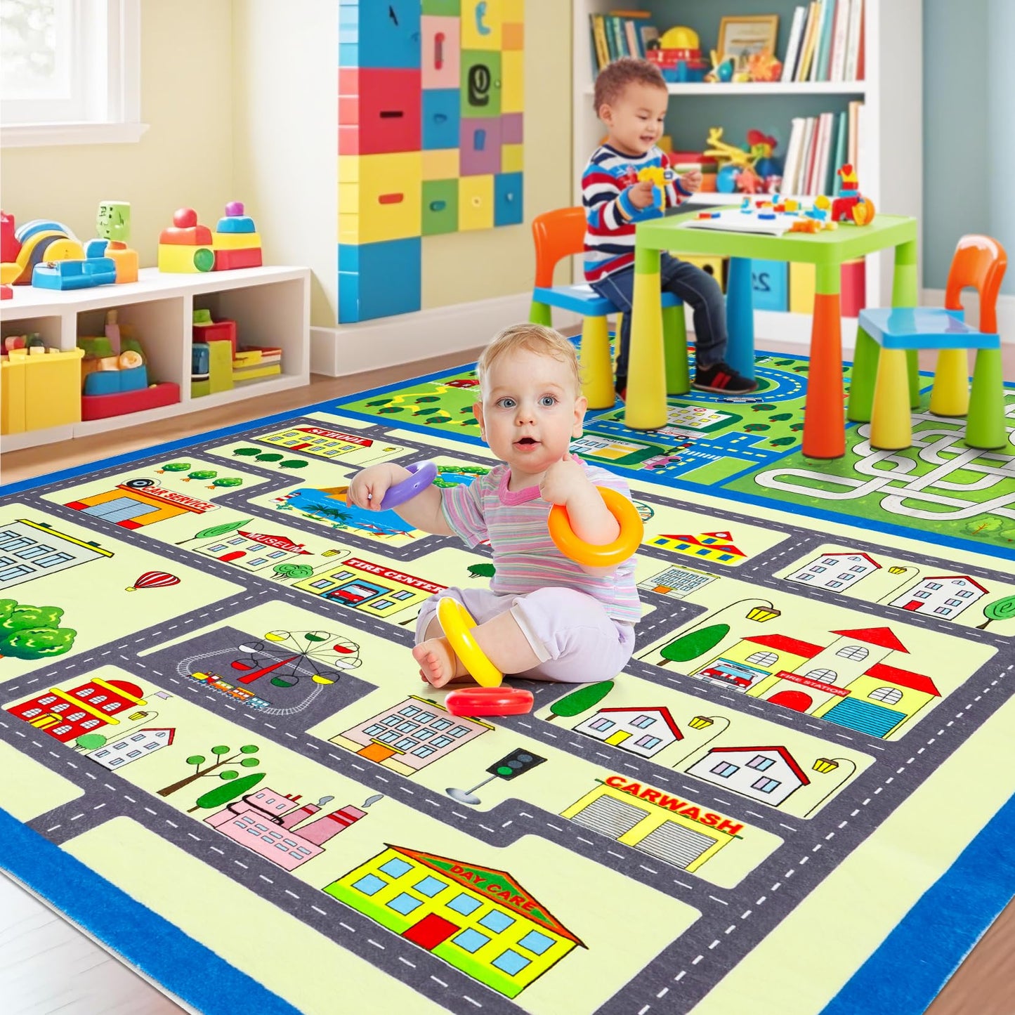 GarveeHome Washable Kids Rug 8x10 ft Kids Carpet Play Mat Car Play Rug, City Life Traffic Road Large Children Educational & Game Area Rug for Toddler Boys Girls Bedroom Playroom Classroom Nursery