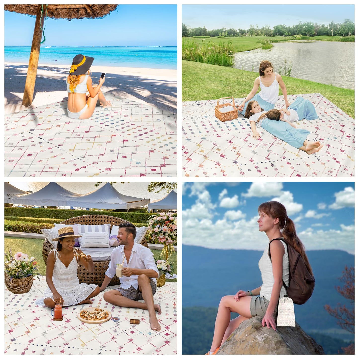 Boho Moroccan Beach Blanket Sandproof, Large 78"×86" Beach Mat Sand Free Waterproof Fits Up to 4 Adult, Compact Quick Dry Polyester Outdoor Picnic Blanket with Stakes for Travel, Camping, Hiking