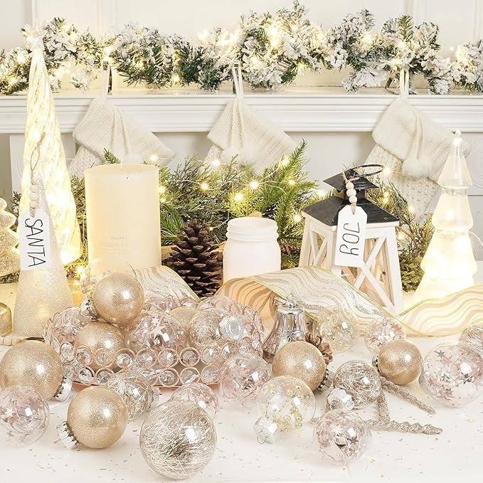 XmasExp 32ct Christmas Ball Ornaments Set -Champagne Clear Plastic Shatterproof Xmas Tree Ball Decorations Hanging Baubles for Holiday Decor