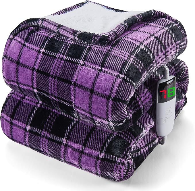 Heated Blanket Electric Full Size,72X84 Heating Blanket,Brown Plaid Soft Sherpa Blankets Warmer Gift for Grandma Women Adult,Fast Heating Washable