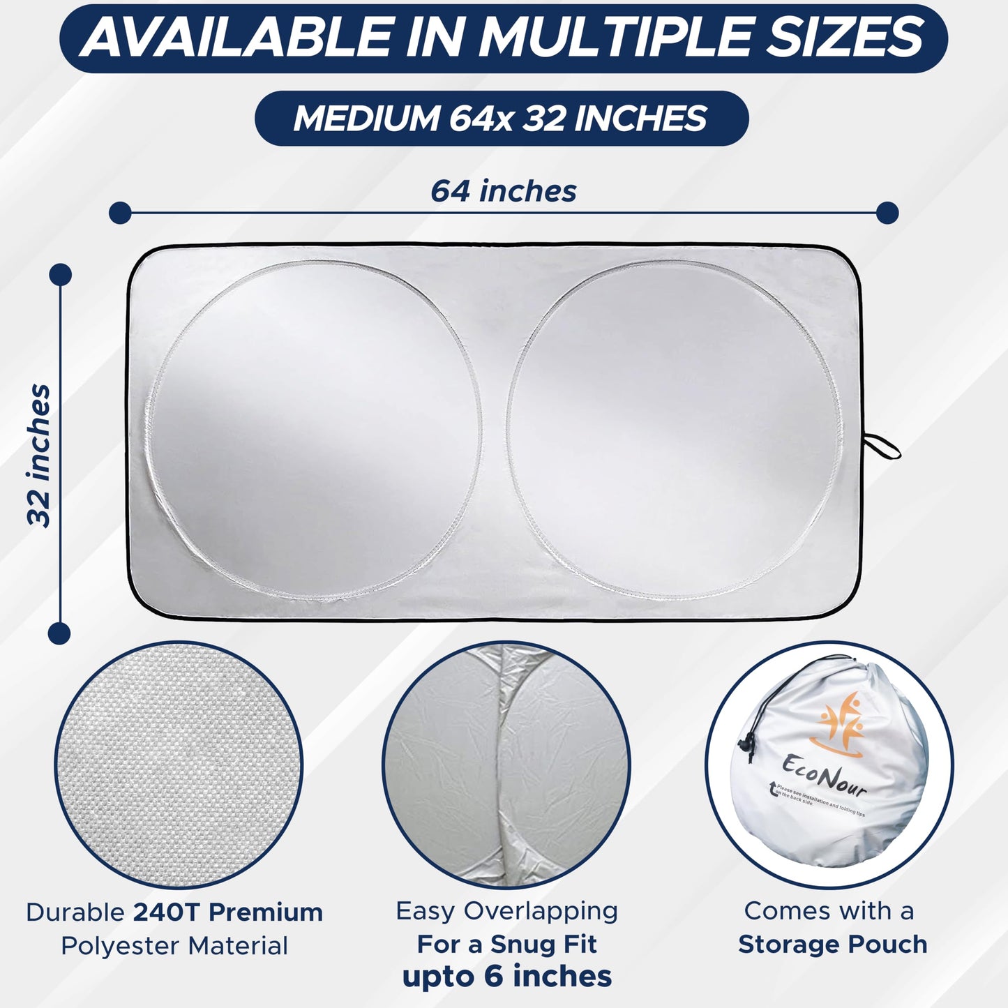 EcoNour Patented Design for Car Windshield Sun Shade | Blocks 99% Heat and Keep Interior Cool | Fits Cars, SUV, Truck | Automotive Sun Screen,Visor and Summer Vehicle Accessories | Medium (64x32)