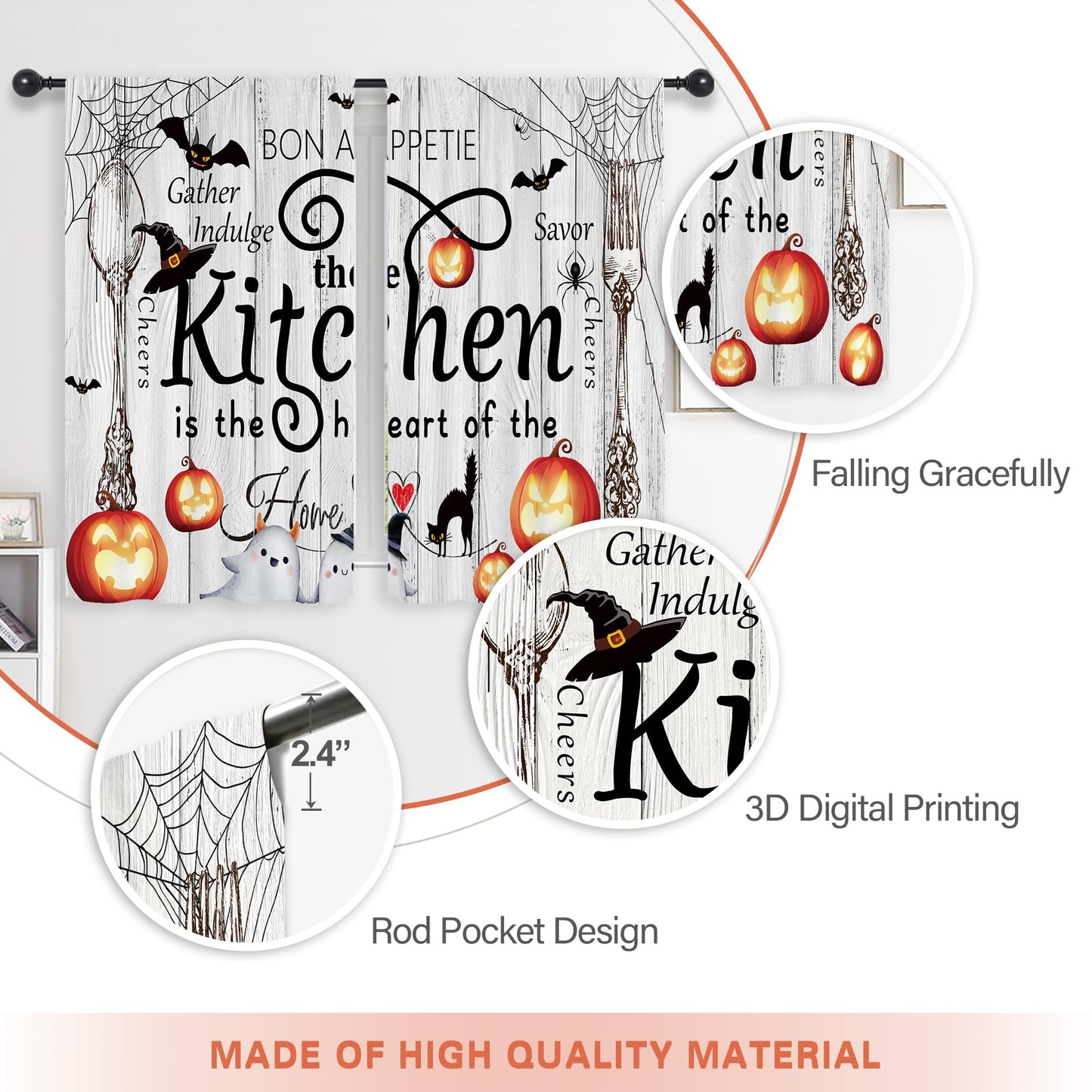 Riyidecor Halloween Rustic Farmhouse Kitchen Curtains Short Small Ghost Pumpkin Bat Spider Web Fork Spoon Rod Pocket Wood Plank Board Cool Bedroom Living Room Treatment Fabric 2 Panels 27.5Wx39H Inch