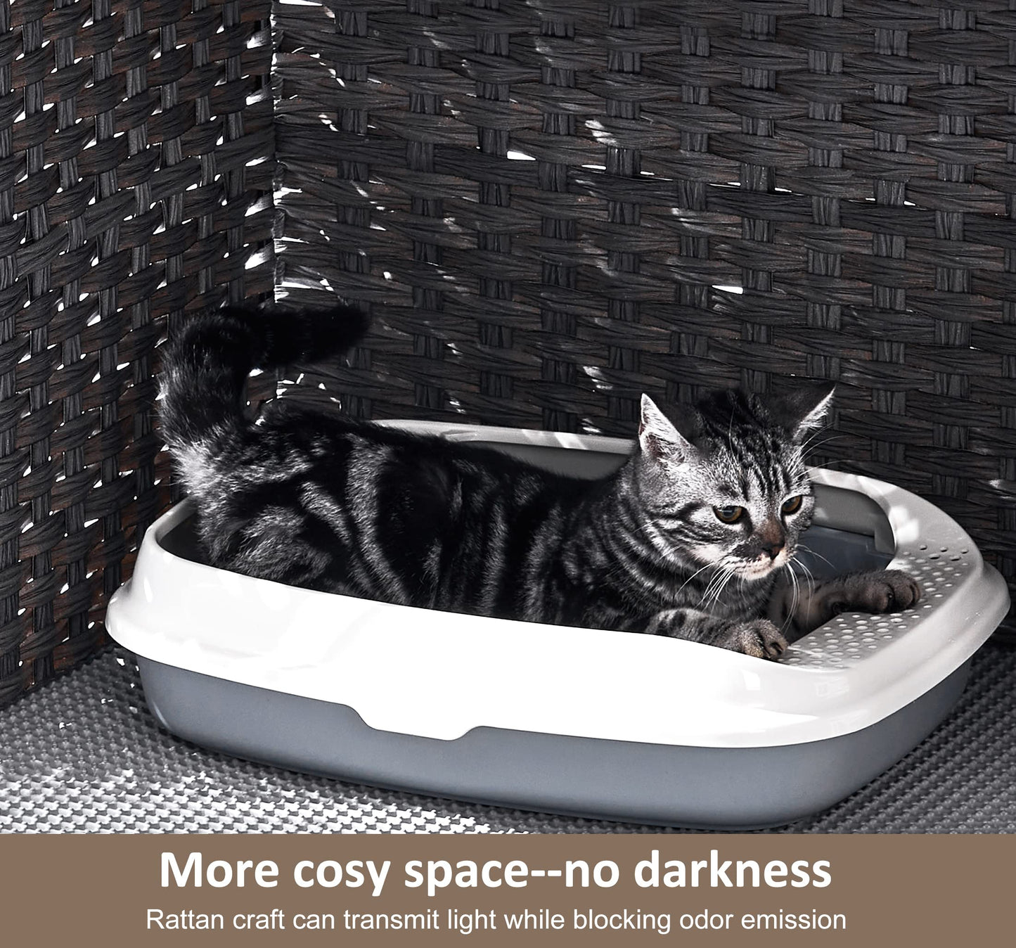 Cat Litter Box Enclosure with Soft Litter Mat; Hidden Kitten Washroom Furniture with Door; Handwoven Rattan Cat House with Large Space; Pet Crate for Living Room, Bedroom, Balcony (Grey)