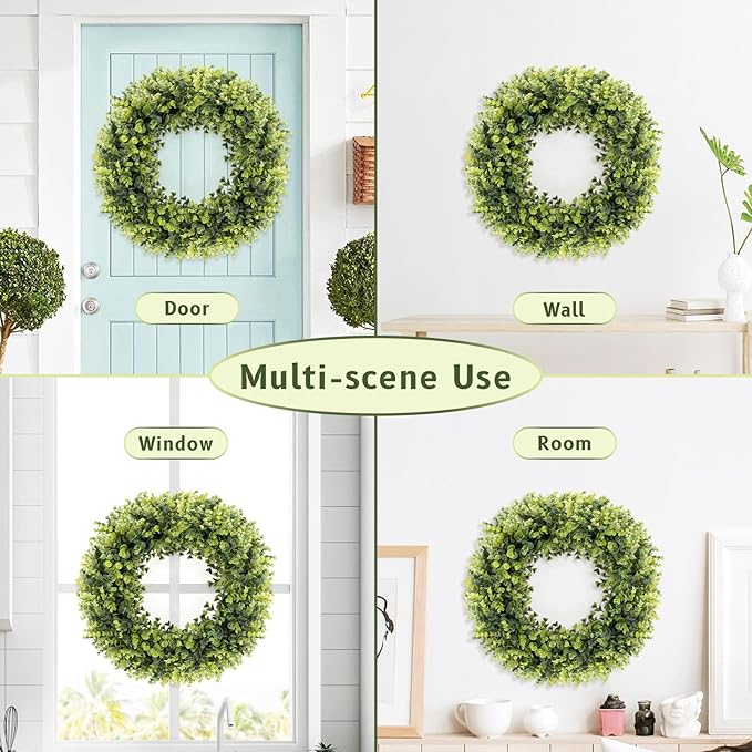 Spring Summer Boxwoods Green Wreath for Front Door Decor, 18-20Inch Greenery Artificial All Seasons Wreaths for Wall Window Porch Home Farmhouse Outdoor Outside Indoor Hanging Decorations