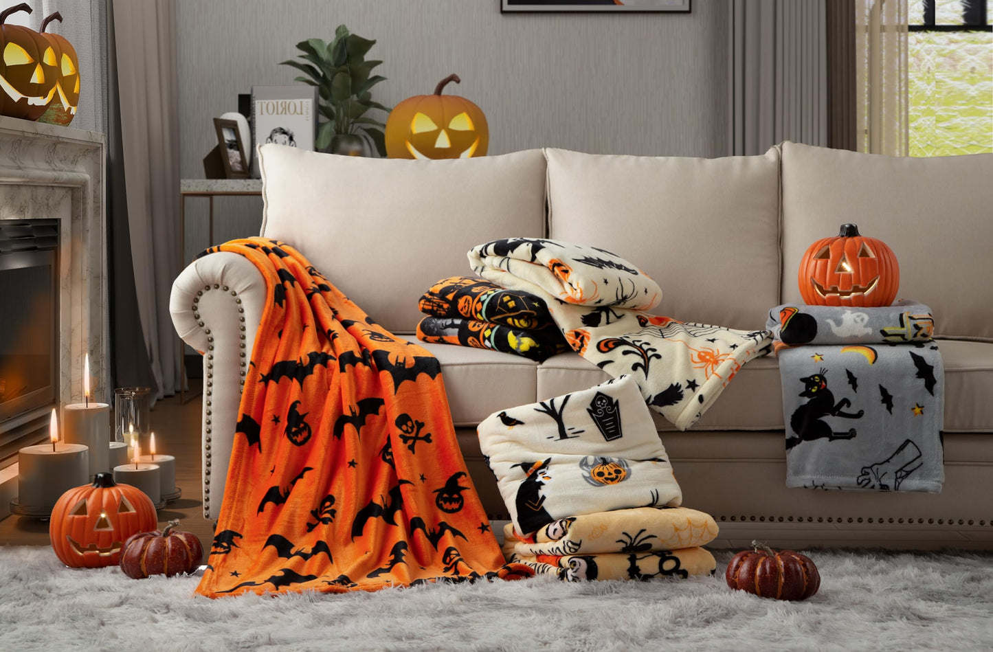 Pumpkin Halloween Blanket 50” x 70” Reversible Witch's Hat Spider Webs Print Fleece Throw Blanket, 320 GSM Surper Soft Warm Cozy Blanket for Couch Sofa, Halloween Harvest Gifts and Orange Home Decor