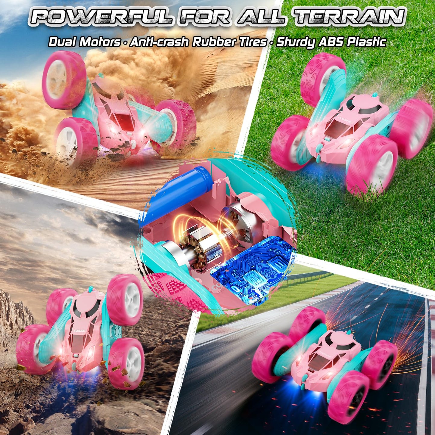 cosone Pink Remote Control Car for Girls, RC Stunt Car Double Sided 360°Flip with Headlights, All Terrain Tires, Rechargeable Batteries Toy Car for 6 7 8 9 10 11 12 Girls Birthday