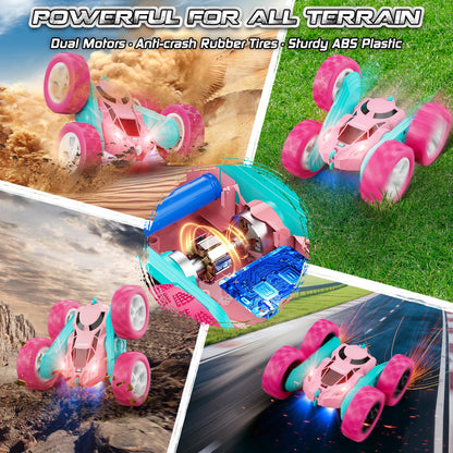 cosone Pink Remote Control Car for Girls, RC Stunt Car Double Sided 360°Flip with Headlights, All Terrain Tires, Rechargeable Batteries Toy Car for 6 7 8 9 10 11 12 Girls Birthday