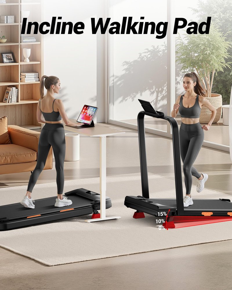 Walking Pad Treadmill with Handle Bar - 2.5HP Quiet Folding Treadmill for Home Office Under Desk Portable Walking Pad with 15% Incline 300LBS Capacity