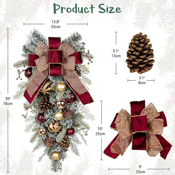30" Christmas Teardrop Swag for Front Door Artificial Winter Swag Garland with Pine Cones, Berry Clusters, Burgundy Ball Ornaments and Ribbons for Thanksgiving Holiday Christmas Decoration