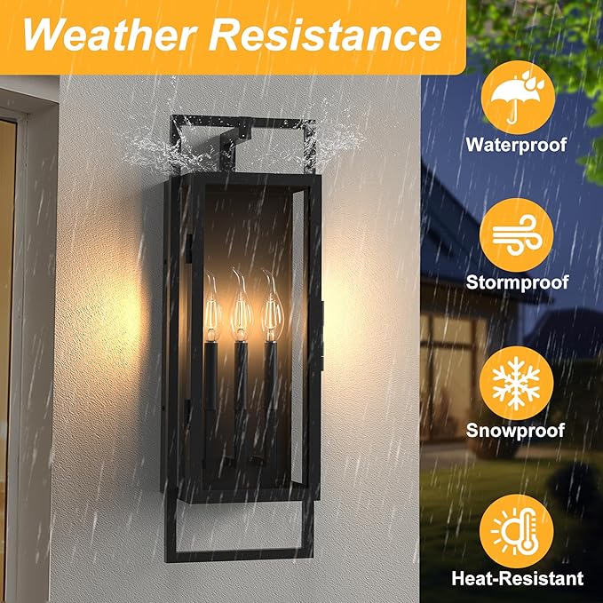 𝟐𝟔.𝟑𝟖𝐈𝐍 Porch Light Outdoor, Dusk to Dawn Wall Lantern with Tempered Glass, Waterproof Outside Light Front Porch Light 3-Light, Matte Black Front Open Window Wall Sconce for Patio
