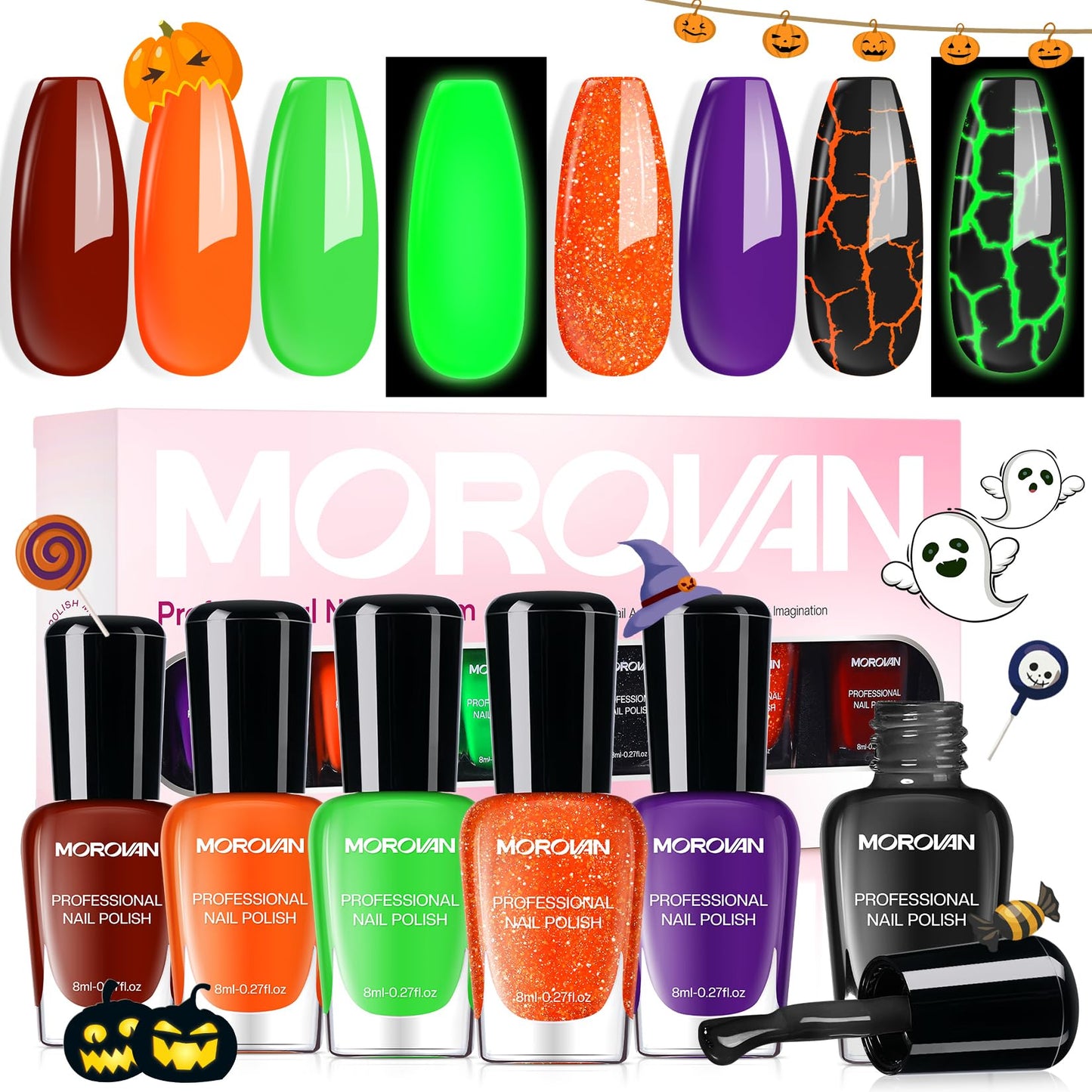 Morovan Halloween Nail Polish Set: Black Crackle Pumpkin Orange Glow in the Dark Neon Green Fingernail Polish Kit with Nail Stickers 2025 Quick Dry Manicure for Women Girls Party Costumes Gifts