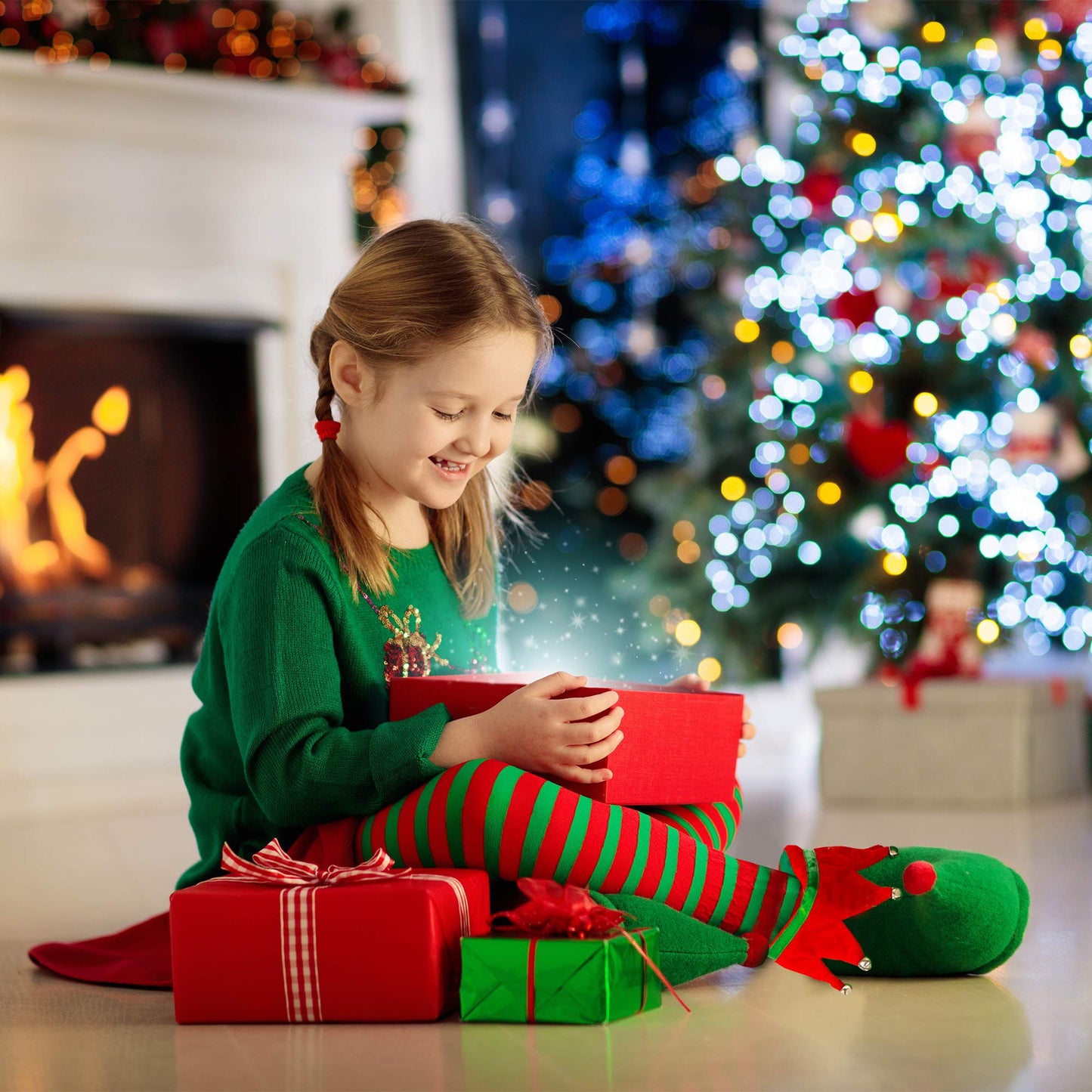 Skeleteen Red Green Elf Shoes - Red and Green Velvet Holiday Elf Feet Slippers with Jingle Bells for Adults and Kids