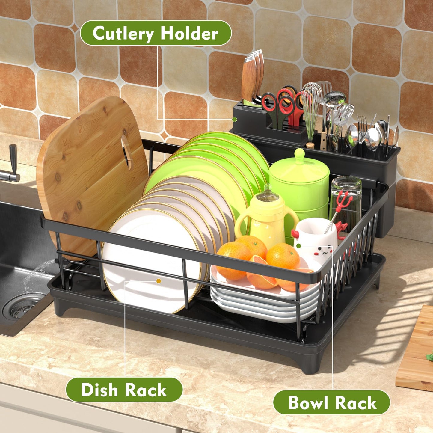 SavvyStor Dish Drainer Rack - Space Saving Dish Rack for Kitchen Counter, Kitchen Dish Drainer with Utensil Holder, Drain Board, Black