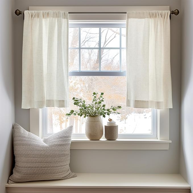 jinchan Linen Textured Tier Curtains 24 Inch for Kitchen Windows Country Farmhouse Cafe Small Curtain Rustic Light Filtering Half Curtains for Living Room Laundry Bathroom Rod Pocket 2 Panels Crude