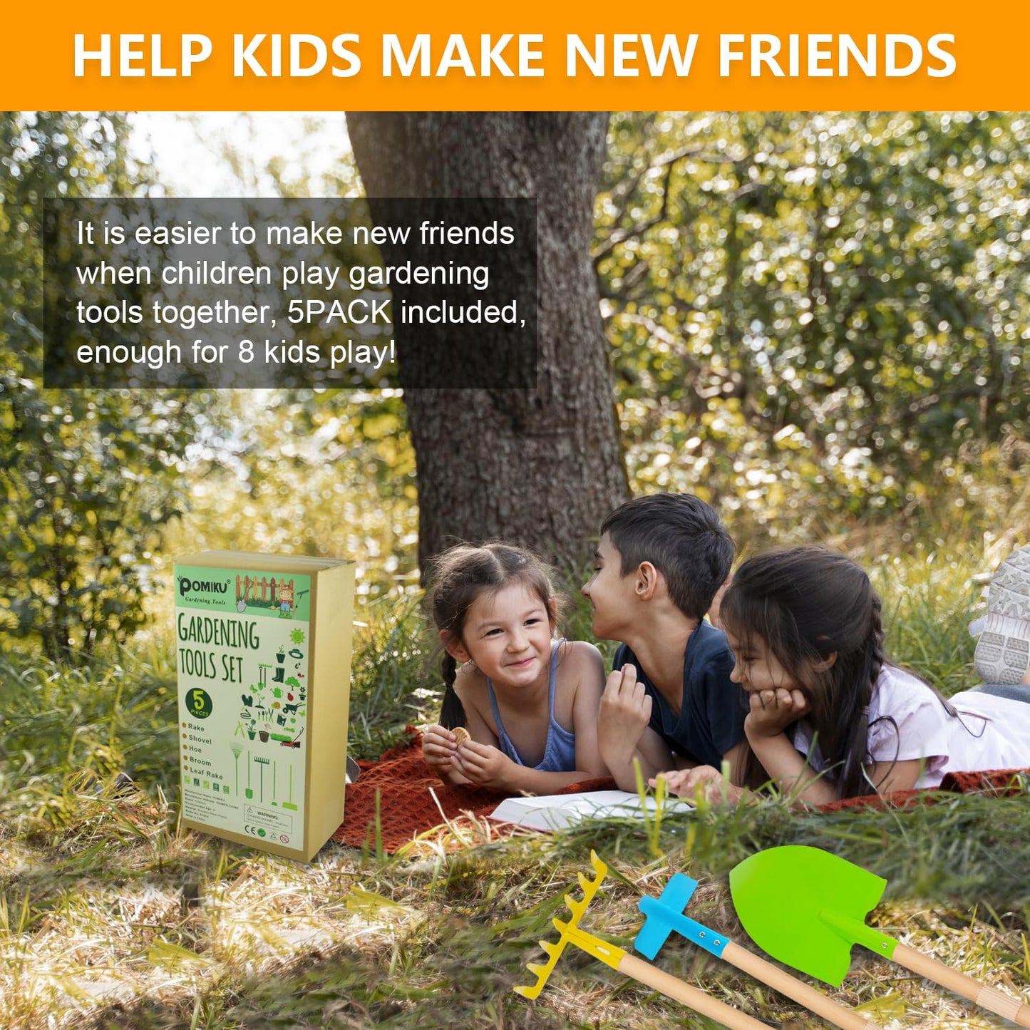 POMIKU Kids Shovel, Rake for Leaves, Spade, Hoe and Broom, 5Pcs Kids Garden Tools, Gardening Yard Outdoor Toy Gifts for Boys Girls Age 3 4 5 6 7 8 Years Old