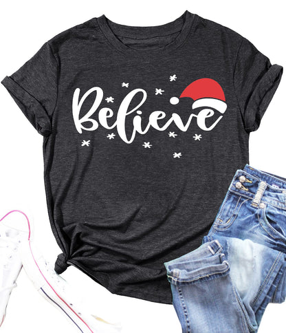 Believe Christmas Shirt for Women Christmas Tree Graphic T-Shirts Believe Letter Print Tees Holiday Tops (Dark Grey, Large)