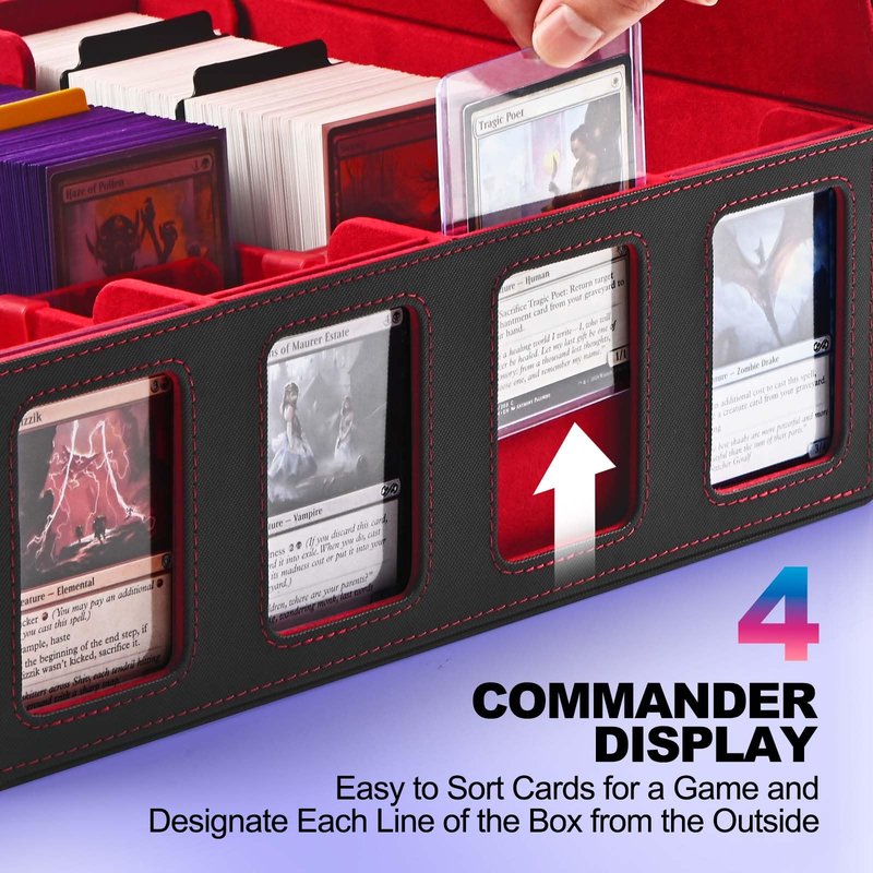 UAONO Trading Card Storage Box with Commander Display; 2400+ Deck Box for MTG with Removable Cover; Top Loaders Card Case fits Magic TCG PTCG Sports Cards; 24 Dividers, 4 Stoppers (Black, Red)