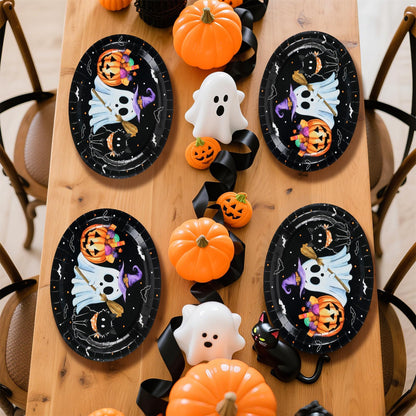 50Pcs Halloween Oval Paper Plates 10" x 12" Large Disposable Heavy Duty Cute Pumpkin Ghost Black Cat Paper Platters Jack-O-Lantern Dessert Plates for Halloween Birthday Holiday Party Supplies