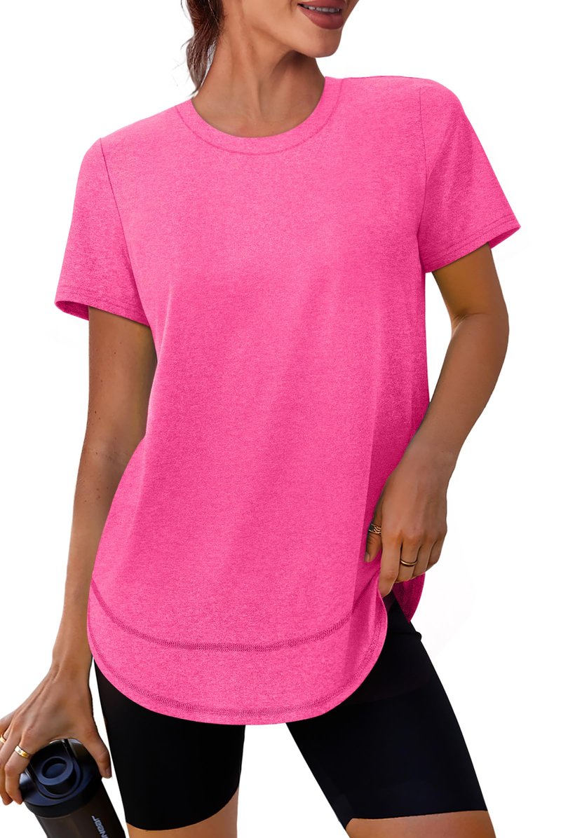 Summer Tops for Women 2026 Short Sleeve Workout Clothes Athletic Shirts Pilates Outfits Camisetas Deportivas para Mujer Hot Pink L
