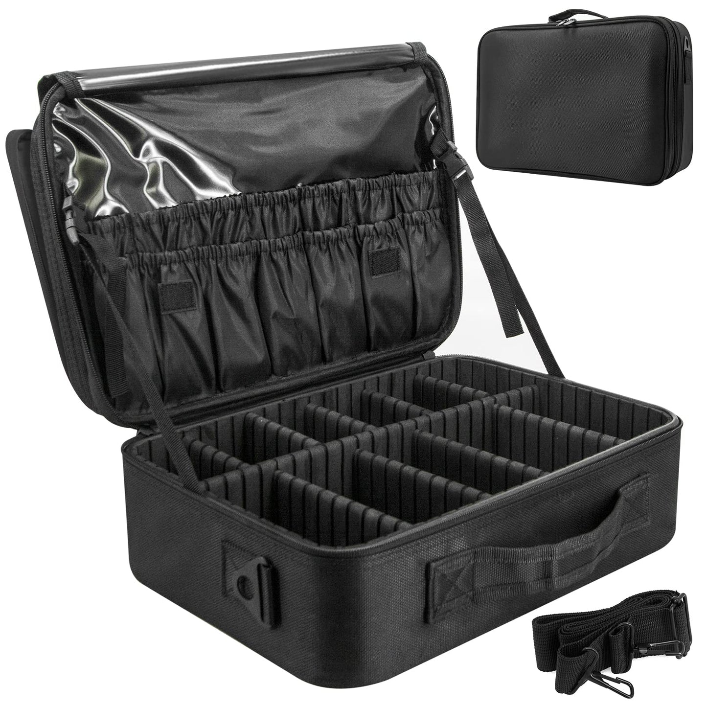 Makeup Bag Make up Case: Large Travel Cosmetic Case Organiser - Professional Portable Makeup Storage Bags for Toiletry - Make Up Artist Tool Brush Vanity Beauty Box with Adjustable Dividers | Black