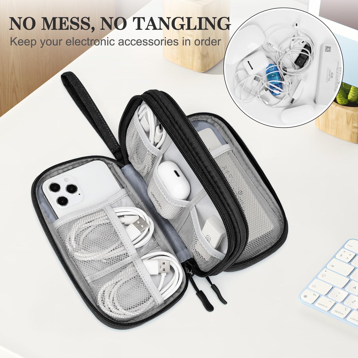 FYY Travel Cable Organizer Pouch Electronic Accessories Carry Case Portable Waterproof Double Layers All-in-One Storage Bag for Cord, Charger, Phone, Earphone Black