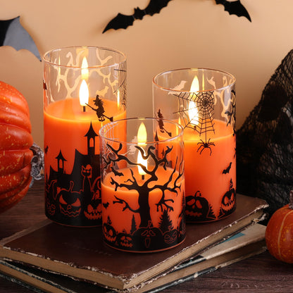 Eywamage Orange Halloween Glass Flameless Candles with Remote, Real Wax Flickering LED Pillar Candles Set of 3