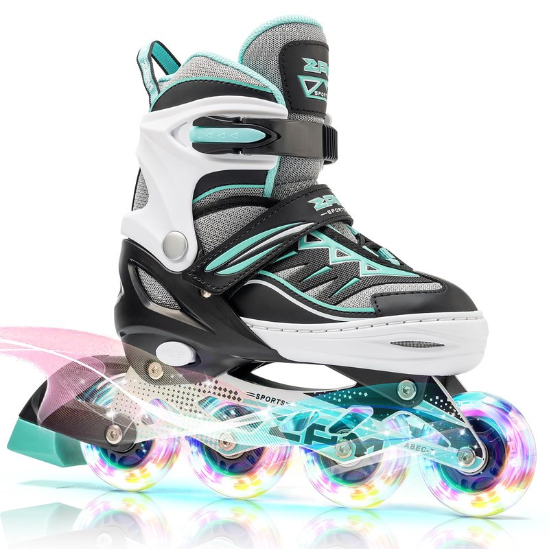 2PM SPORTS Cytia Pink Girls Adjustable Illuminating Inline Skates with Light up Wheels, Fun Flashing Beginner Roller Skates for Kids (Mint, Medium - Big Kid (13C-3 US))
