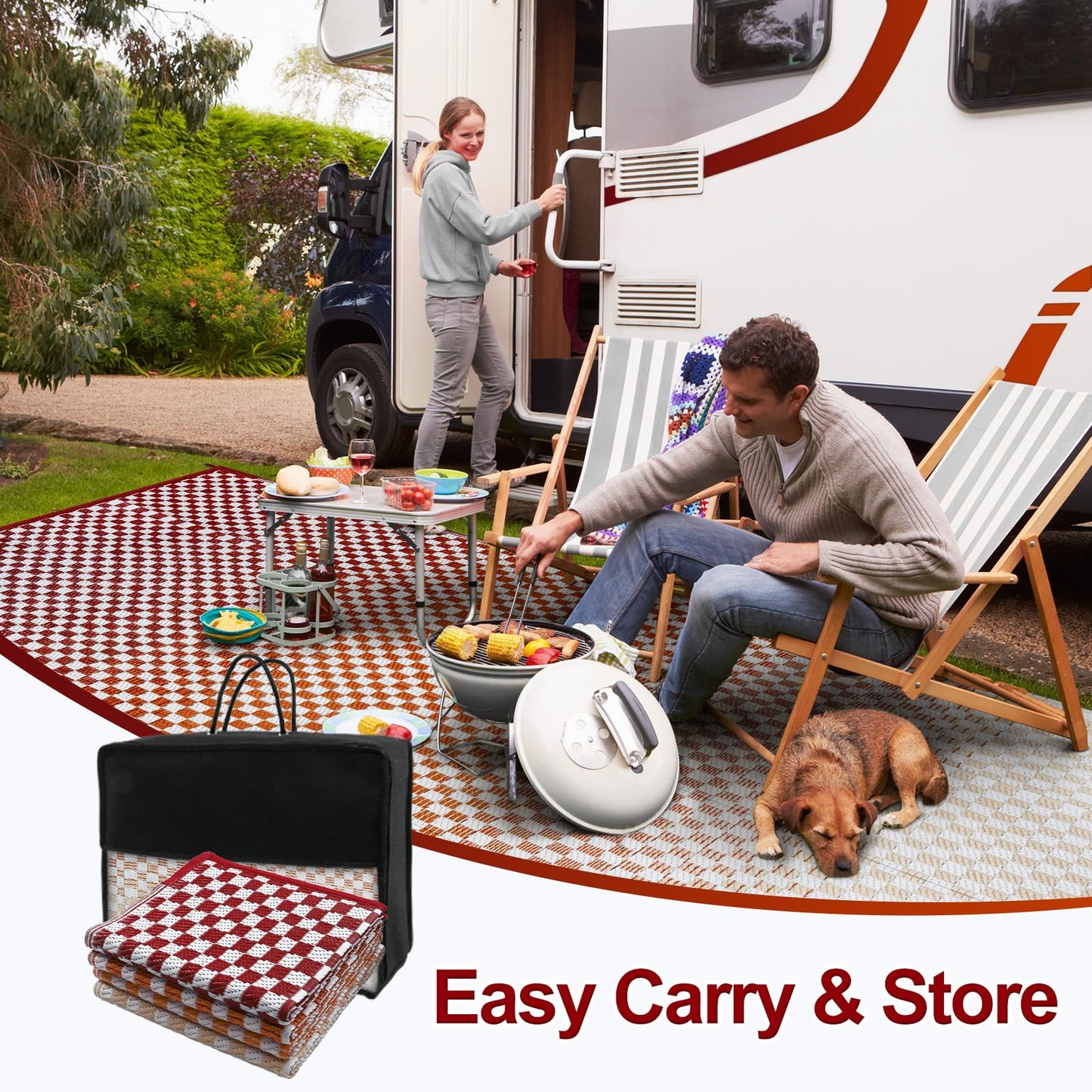 Wonnitar Waterproof Outdoor Rug 6x9 - Orange Red Gradient Checkered Camping RV Rug, Outside Patio Plastic Straw Mat for Balcony, Lightweight Reversible Portable Deck Carpet