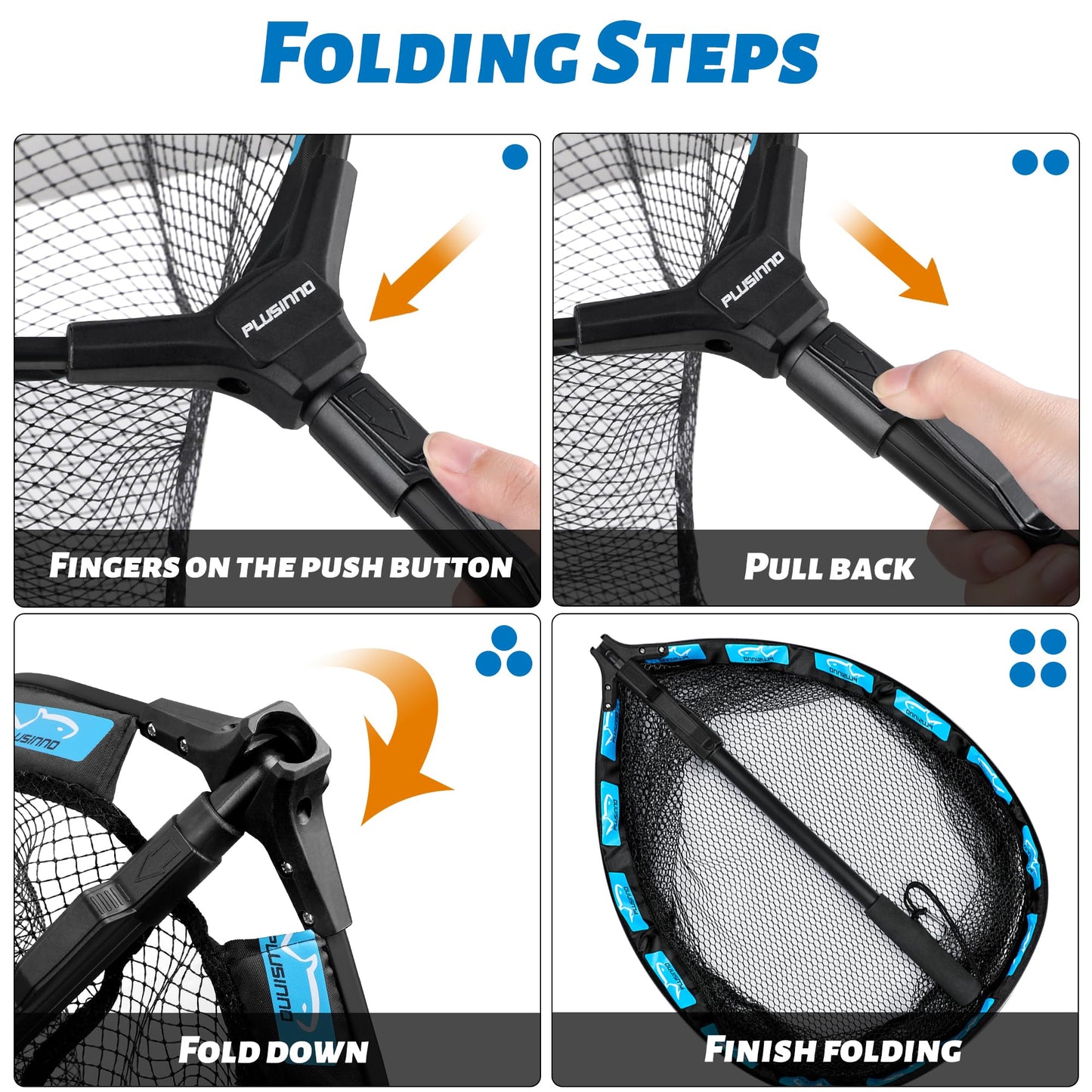 PLUSINNO Fishing Net Fish Floating Landing Net, Kayak Nets with Fixed Foldable Telescopic Pole Handle, Bass Trout Fishing Nets with Nylon Mesh for Pond Lake River, Fishing Gear Gifts for Men,Blue 1.5M